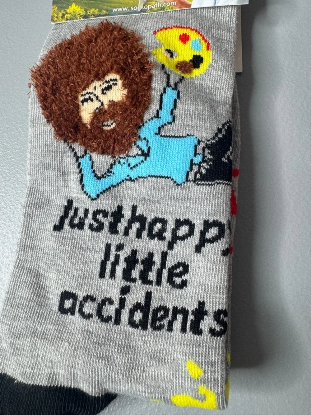 Bob Ross Crew Socks Just Happy Little Accidents' textured fuzzy hair art novelty